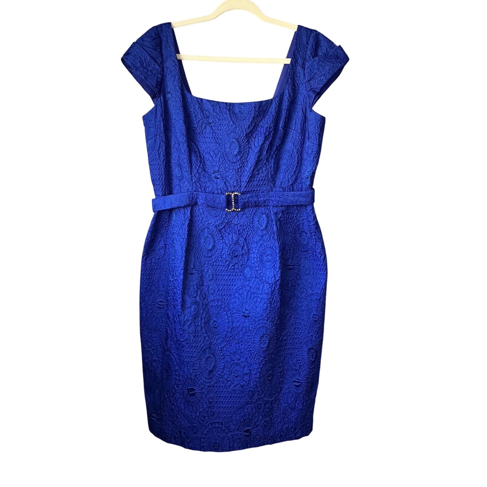 Kay Unger New York Royal Blue Floral Matelasse Cap Sleeve Belted Dress Size 14